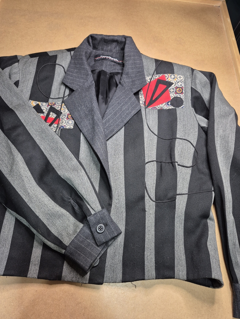 Women's Black & Gray Striped Blazer with Red Accent